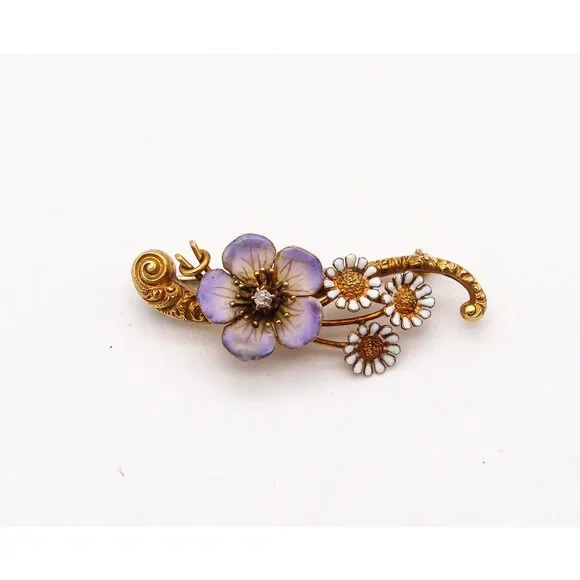 ART NOUVEAU 1900 Edwardian Enameled Flowers Brooch In 18Kt Diamond - Picture 3 of 8